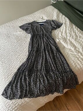 Mikarose dark blue maxi dress with tan and brown floral pattern